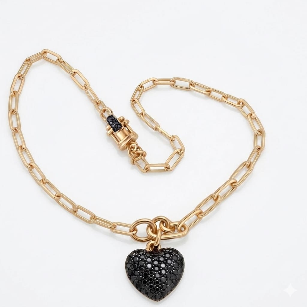 Pulseira Elo Grosso Coração Pavê Preto