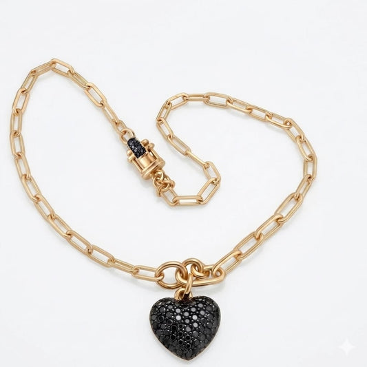 Pulseira Elo Grosso Coração Pavê Preto